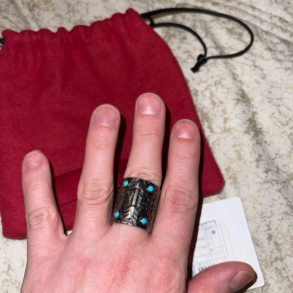 Valentino Garavani men silvertone turquoise etched ring . - Picture 5 of 9